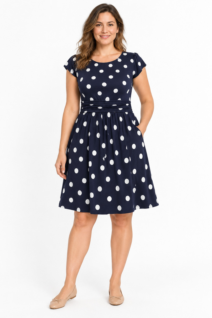 Boden Amelie Jersey Dress 12R Navy White Polka Dot Fit Flare Pockets